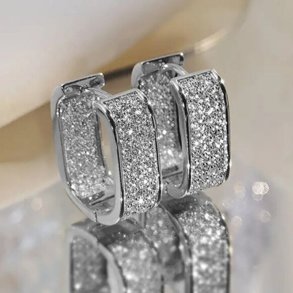 Rectangular Zircon Hoops Silver Tone with Lots of Bling #1418 - Picture 1 of 13
